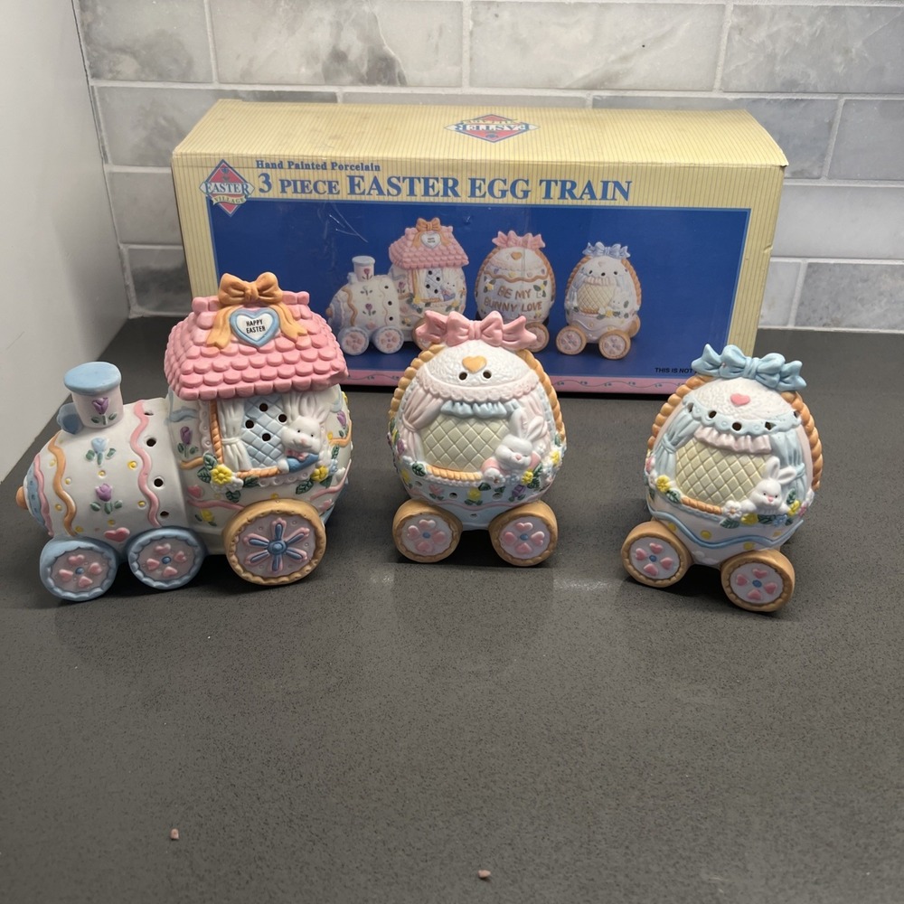 Vintage Easter Bunny 3pc Ceramic Village Rabbit Train Figures Egg Springtime